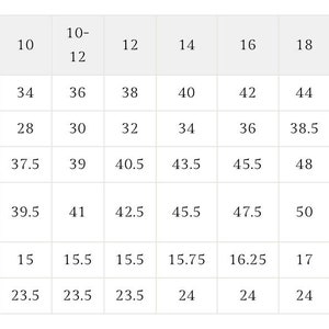 May include: A white chart with black text detailing UK clothing sizes, chest, waist, hip, widest hip, shoulder, and sleeve measurements in inches. The chart ranges from UK size 6 to 26, providing corresponding measurements for each size.