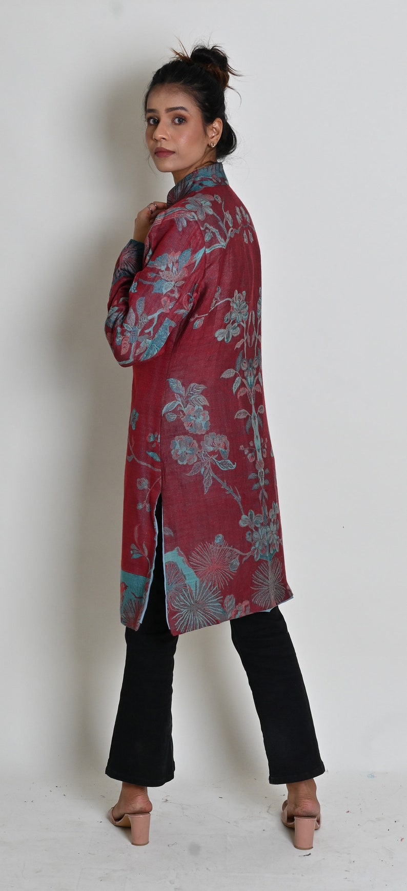 Wine Floral Cashmere Coat, Women Cashmere Jacket, Long Silk Coat, Trench Coat, Women Coat, Wedding Guest Outfit, Cardigan, Gift for Her image 6