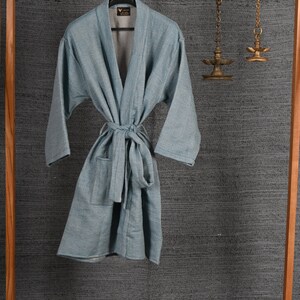 Cadet Blue Vicuna Robe, Luxurious Dressing Gown, Bath Robe, Lounge Wear, Kimono Robe, Authentic Peruvian Vicuña Fiber, Unisex, Gift Him/Her image 6