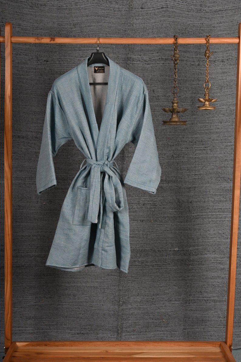 Cadet Blue Vicuna Robe, Luxurious Dressing Gown, Bath Robe, Lounge Wear, Kimono Robe, Authentic Peruvian Vicuña Fiber, Unisex, Gift Him/Her image 6