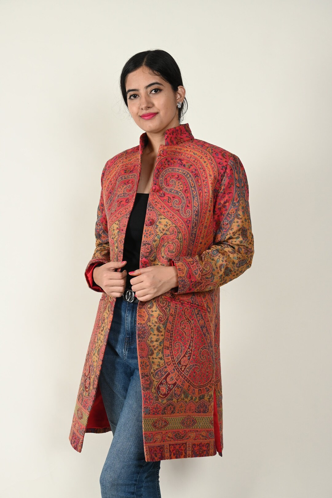 Watermelon Pink Camel Wool Jacket, Paisley Women Jacket, Unisex Wool ...