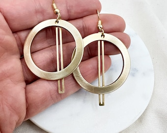 Hoop and Bar Earrings, Brass Hoop Earrings, Modern Earrings, Geometric Earrings, Large Circle and Bar Earrings, Lightweight Hoops,Gold Hoops