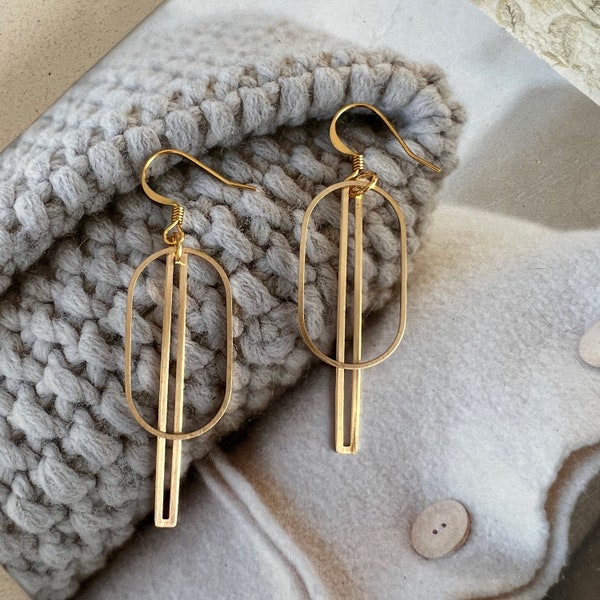 Oval Hoop and Bar Earrings, Modern Earrings, Minimalist Earrings, Brass Earrings, Brass Hoop and Bar Earrings, 14K Gold Plated Earring Wires