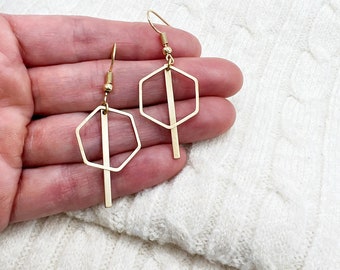 Hexagon and Bar Earrings, Minimalist Earrings, Modern Dangle Earrings, Statement Earrings, Gold Earrings, Brass Earrings, Unique Earrings