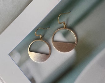 Round Brass Geometric Earrings, Gold Hoop Earrings, Modern Earrings, Minimalist Earrings, Simple Everyday Dangly Earrings