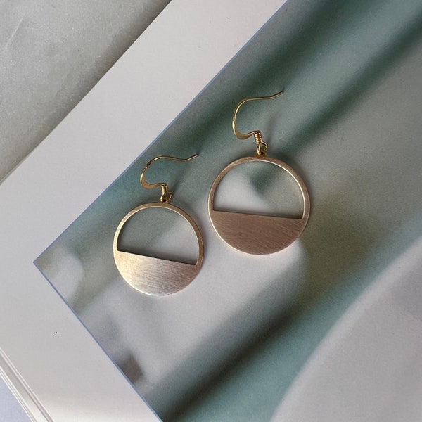 Round Brass Geometric Earrings, Gold Hoop Earrings, Modern Earrings, Minimalist Earrings, Simple Everyday Dangly Earrings