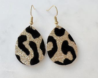 Teardrop Leopard Print Earrings: 14K Gold-Plated Hooks, Reversible Leather