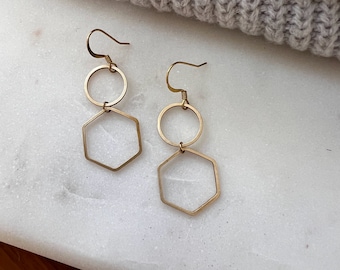 Brass Circle & Hexagon Dangle Earrings: 14K Gold Plated Hooks