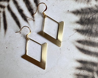Brass Triangle Geometric Earrings: 14K Gold Plated Wires, Boho Style