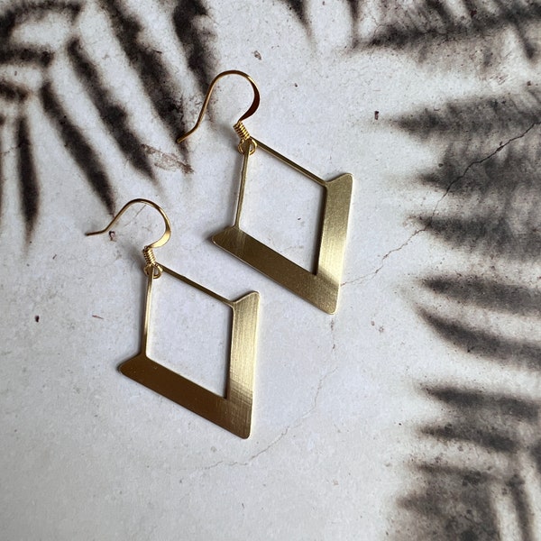 Triangle Geometric Earrings, Boho Style Earrings, Brass Dangly Statement Earrings, Minimalist Earrings with 14K Gold Plated Earring Wires