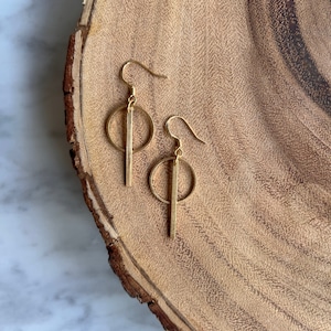 Brass Circle and Bar Earrings: Gold Plated Wires, Geometric Dangle