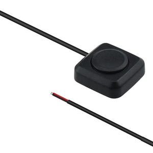 Pode incluir: Um bot&atilde;o preto de formato quadrado com um centro circular, conectado a um fio preto. O fio tem fios vermelhos e pretos expostos na extremidade. Este &eacute; provavelmente um componente eletr&ocirc;nico.