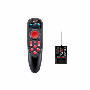 May include: Black and red Hot RC remote control with a digital display and multiple red buttons. Includes a matching black receiver with the text "E-06AT" and "Hot RC".