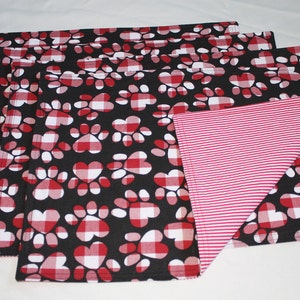 Set of 4 Placemats, Winter Reversible Placemats, Plaid Paw Prints and Stripes, Homemade Placemats, Cotton Placemats