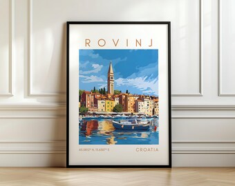 Poster di viaggio di Rovigno - Stampa del porto della Croazia - Arte croata con coordinate - Regalo di viaggio