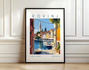 Poster di viaggio di Rovigno - Stampa della città vecchia - Arte della Croazia con coordinate - Regalo di viaggio
