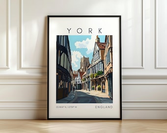Poster di viaggio di York - Stampa storica dell'Inghilterra - Arte inglese con coordinate - Regalo di viaggio