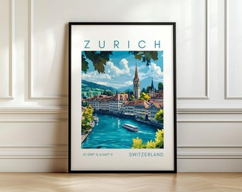 Poster di viaggio di Zurigo - Stampa del lago svizzero - Arte svizzera con coordinate - Regalo di viaggio