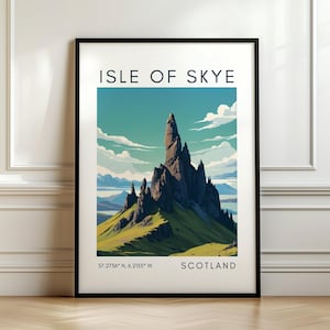 Póster de la Isla de Skye - Impresión del Viejo de Storr - Arte escocés con coordenadas - Regalo de viaje
