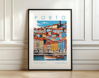 Porto Travel Poster - Europe City Art - Portugal Print with Coordinates – Travel Gift
