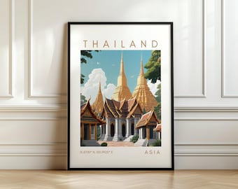 Poster di viaggio in Thailandia - Stampa del Tempio d'Oro - Arte di Bangkok con coordinate - Regalo di viaggio
