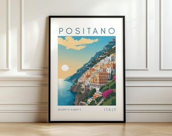 Poster di viaggio Positano - Stampa della Costiera Amalfitana - Decorazione murale costiera - Arte italiana con coordinate