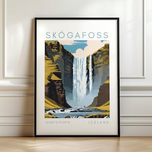 May include: Framed art print featuring a stylized illustration of Sk&oacute;gafoss waterfall in Iceland. The artwork displays the waterfall cascading down a cliff, with text that reads "SK&Oacute;GAFOSS" and "ICELAND". The print is in a black frame and rests on a wooden floor.