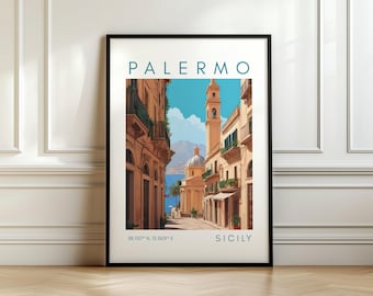 Poster di viaggio di Palermo - Stampa della Sicilia - Arte della città mediterranea con coordinate - Regalo di viaggio