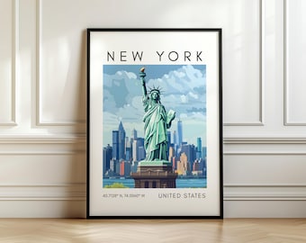 Poster con lo skyline di New York - Stampa della Statua della Libertà - Arte degli Stati Uniti con coordinate