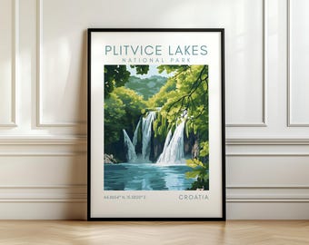Poster dei laghi di Plitvice - Parco nazionale Croazia - Stampa Croazia con coordinate - Regalo da viaggio