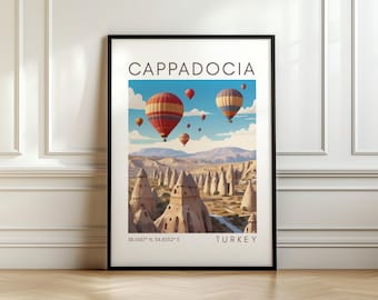Poster di viaggio della Cappadocia - Stampa di mongolfiera - Arte della Turchia con coordinate - Regalo di viaggio