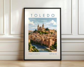 Poster di viaggio di Toledo - Stampa della città vecchia - Arte spagnola con coordinate - Regalo di viaggio