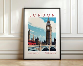 Poster di viaggio di Londra - Stampa del Big Ben - Arte di Westminster con coordinate - Regalo di viaggio