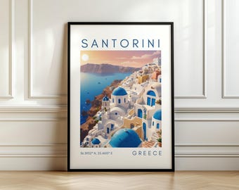 Santorini Travel Poster – Greek Island Print - Coastal Art with Coordinates - Travel Gift