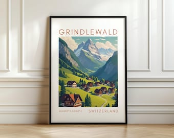 Poster di viaggio Grindelwald - Stampa sulle Alpi svizzere - Arte svizzera con coordinate - Regalo di viaggio