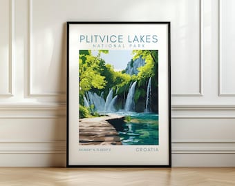 Poster dei laghi di Plitvice - Parco nazionale della Croazia - Stampa della Croazia con coordinate - Regalo da viaggio