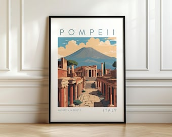 Pompeii Travel Poster - Mount Vesuvius - Ancient City Art - Italy Print with Coordinates - Travel Gift