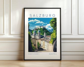 Poster di viaggio di Salisburgo - Arte delle Alpi - Stampa Austria con coordinate - Regalo di viaggio