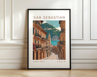 Póster de viaje a San Sebastián - Impresión del País Vasco - Arte de España con coordenadas - Regalo de viaje