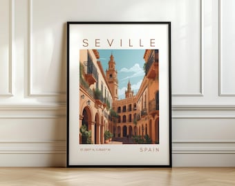 Poster di viaggio di Siviglia - Stampa artistica dell'Europa - Decorazione murale della Spagna con coordinate - Regalo di viaggio