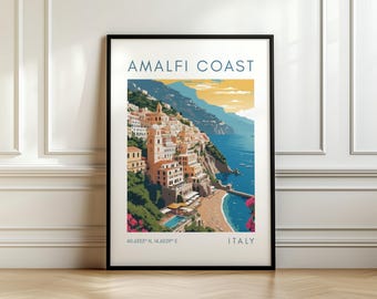 Poster di viaggio sulla Costiera Amalfitana - Stampa costiera - Arte italiana con coordinate - Regalo di viaggio