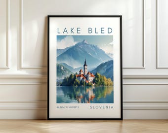 Lake Bled Travel Poster - Slovenia Print – Scenic Illustration Art with Coordinates - Travel Gift