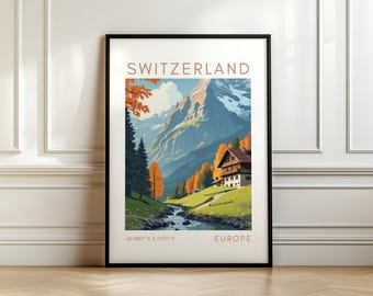 Poster di viaggio in Svizzera - Stampa sulle Alpi svizzere - Arte murale di montagna - Regalo di viaggio
