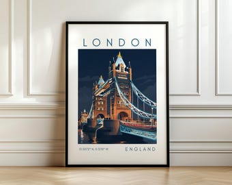 Poster di viaggio di Londra - Stampa del Tower Bridge - Arte inglese con coordinate - Regalo di viaggio
