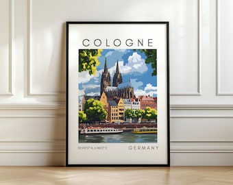 Poster di viaggio di Colonia - Stampa del fiume Reno - Arte tedesca con coordinate - Regalo di viaggio