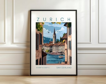 Poster di viaggio di Zurigo - Stampa della città svizzera - Arte svizzera con coordinate - Regalo di viaggio