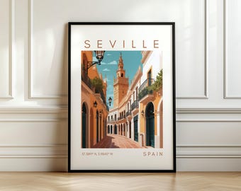 Poster di viaggio di Siviglia - Stampa di città europee - Arte murale spagnola con coordinate - Regalo di viaggio