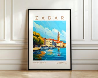 Poster di viaggio di Zara - Stampa del porto della Croazia - Arte croata con coordinate - Regalo di viaggio