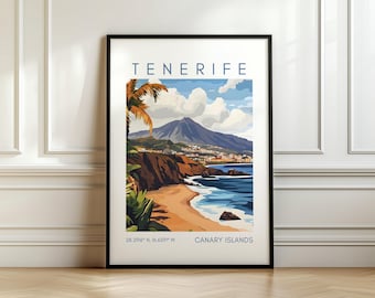Poster di viaggio Tenerife - Stampa delle Isole Canarie - Arte spagnola con coordinate - Regalo di viaggio