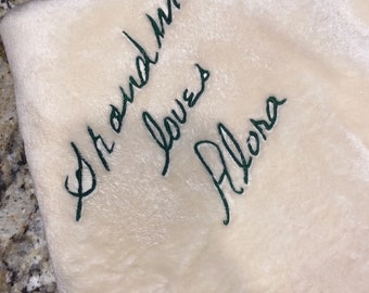 Keepsake customized handwriting-embroidered baby blanket.